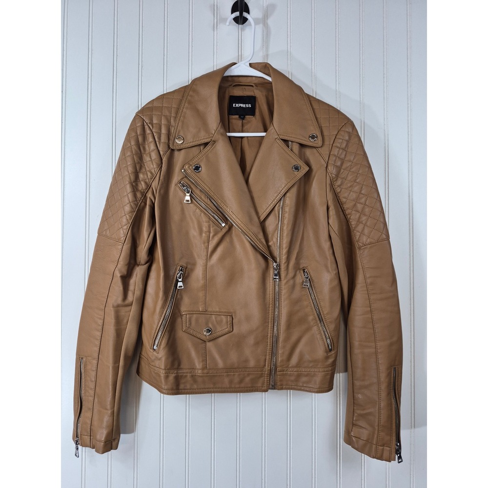Express Womens Camel Tan Faux Leather Quilted Moto Biker Jacket Size M Brown
